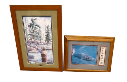 Nice trout fishing prints with fly fishing lures in oak frames