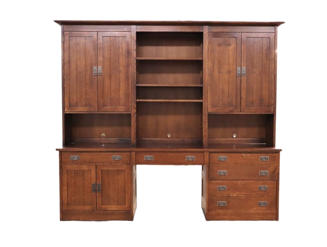 Impressive Stickley mission oak 2 pc wall credenza: Impressive Stickley mission oak 2 piece wall credenza with bow tie inlay and keys, original finish, structurally sound and in good condition, 82.25"h x 91.75"l x 19"d (top 52.25")