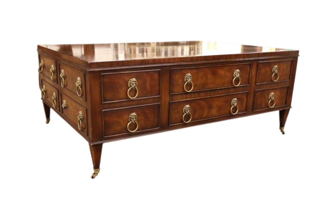 EJ Victor multi drawer burl walnut coffee table with elaborate lion head pulls (1 of 8)