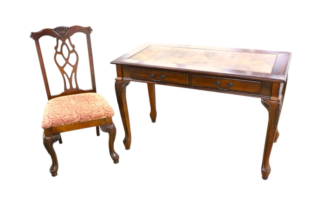 2 piece solid mahogany 2 drawer writing desk with chair with world map (1 of 9)