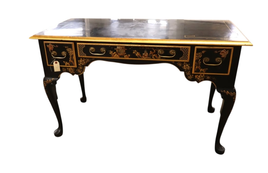 Chinoiserie decorated 3 drawer writing desk in black lacquer (1 of 8)