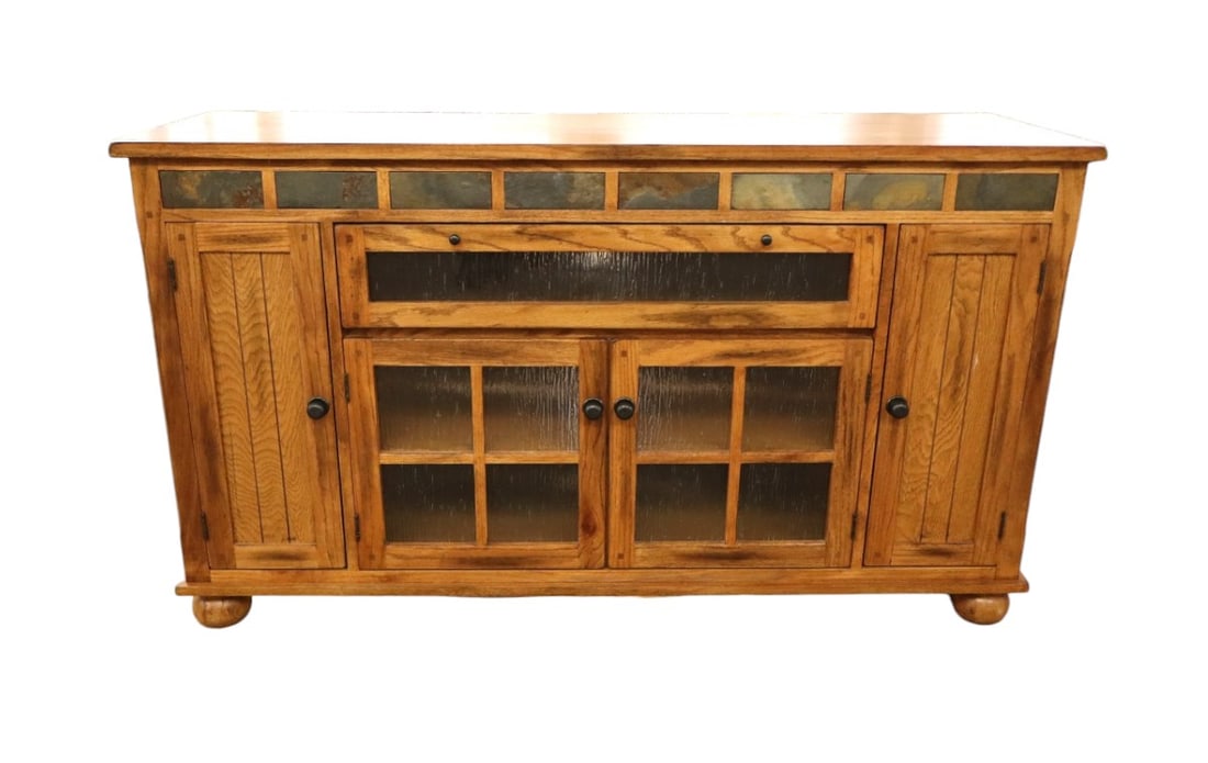 Arts & Crafts style oak buffet / media with slate tile accents by Sedona with fitted interior: Arts & Crafts style oak 5 door buffet / media with slate tile accents by Sedona with fitted interior, original finish, structurally sound and in good condition, 35.5"h x 62"l x 20"d