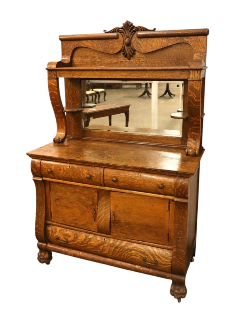 Antique oak mirror back bevel glass carved buffet (1 of 12)