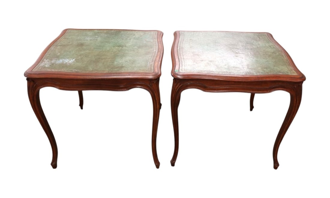 Pair of antique leather top french style square game tables in mahogany (1 of 5)