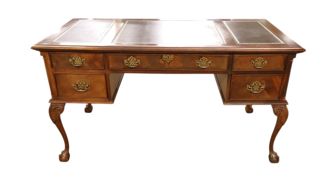 Quality burl mahogany ball and claw chippendale style leather top writing desk (1 of 9)