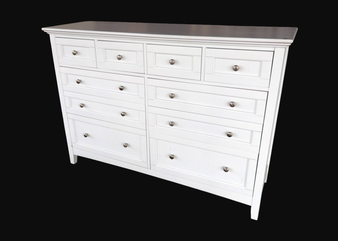 Contemporary country style white painted 10 drawer low chest: Contemporary country style white painted 10 drawer low chest, original finish, structurally sound. 42.5"h x 60"l x 18.5"d