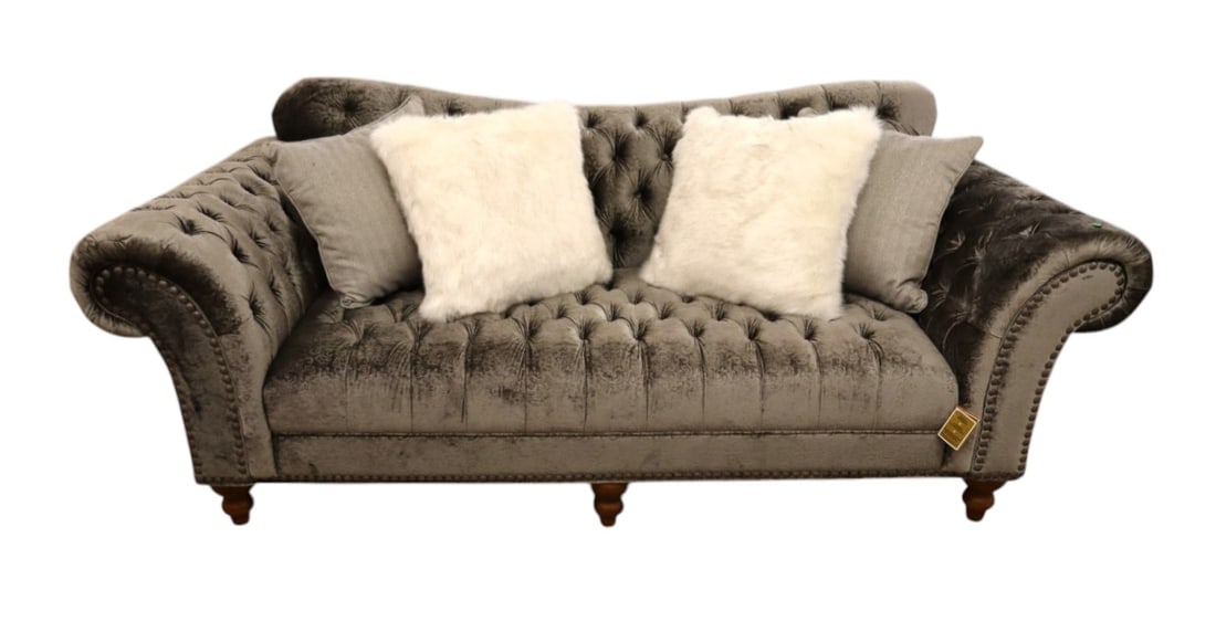 Like new decorator sofa button tuft soft gray sculptured upholstery: Like new with tag decorator button tuft soft gray sculptured upholstery sofa with scroll arms with designer pillows, structurally sound and in good condition with no noticeable issues seen. 39"h x 95"