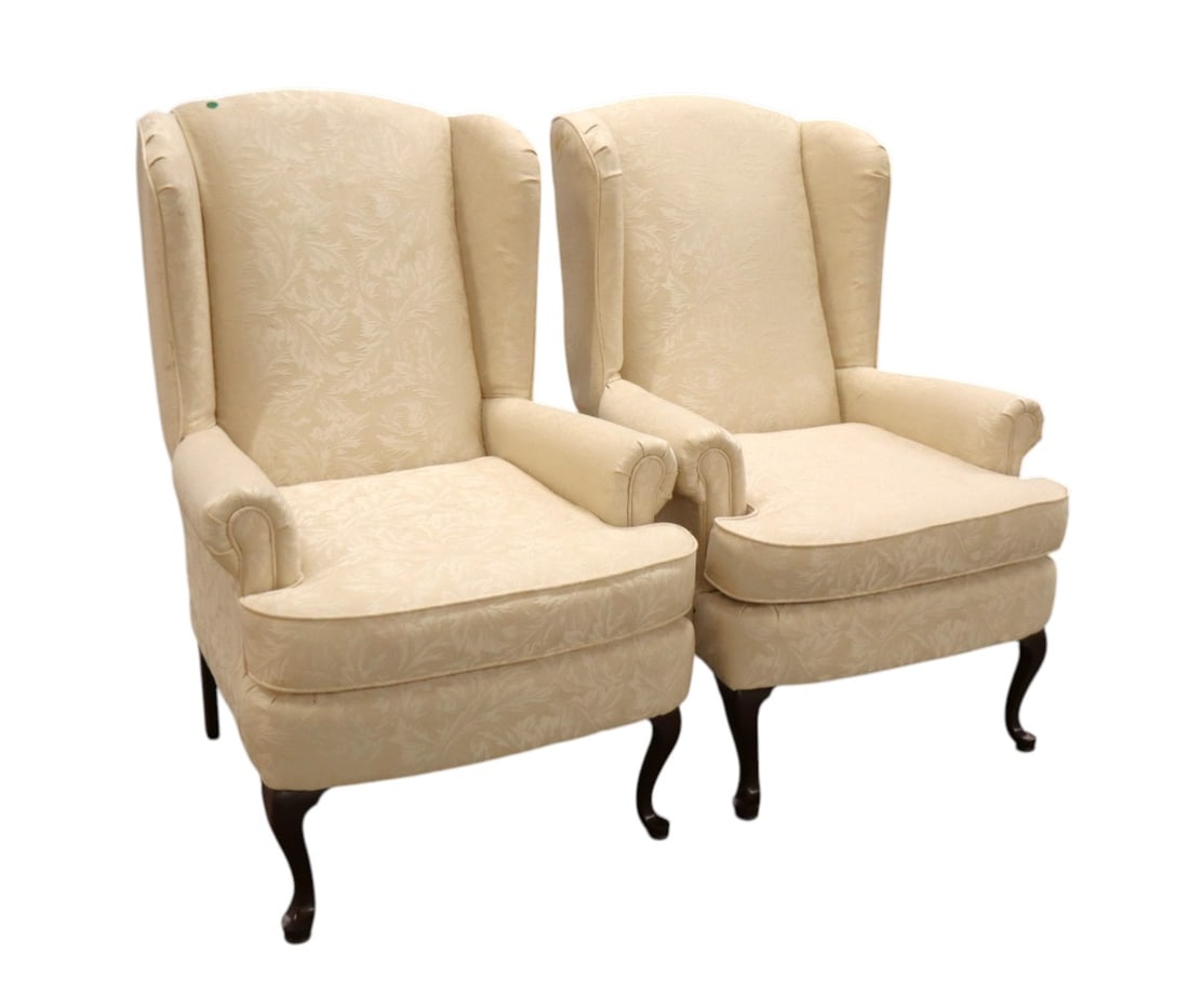 Pair of sculpture upholstered queen anne fireside chairs in the off white (1 of 6)