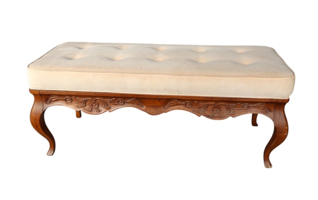 Upholstered country french style carved walnut window bench (1 of 8)