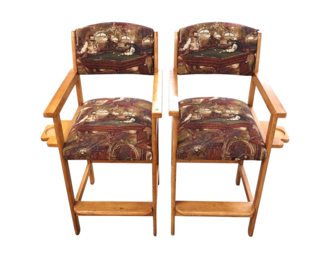 Pair of billiard high top upholstered mahogany chairs with cup holders (1 of 9)