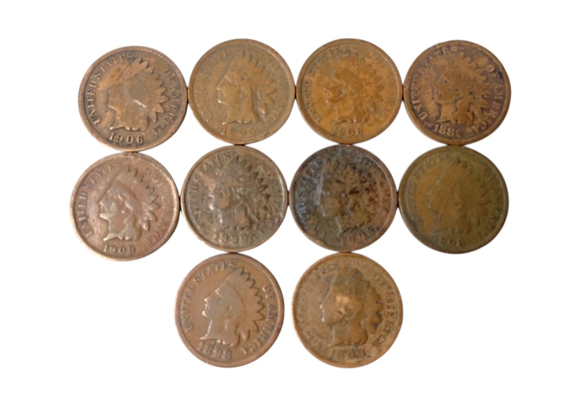 10 US Indian Head Pennies: 2 1905, 3 1908, 1890, 1881, 1906, 1898, 1899 (1 of 3)