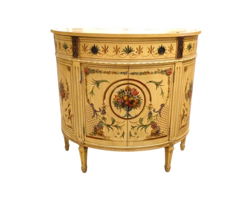 Nice vintage paint decorated demilune commode sold by Rosenberg Furniture NJ (1 of 9)