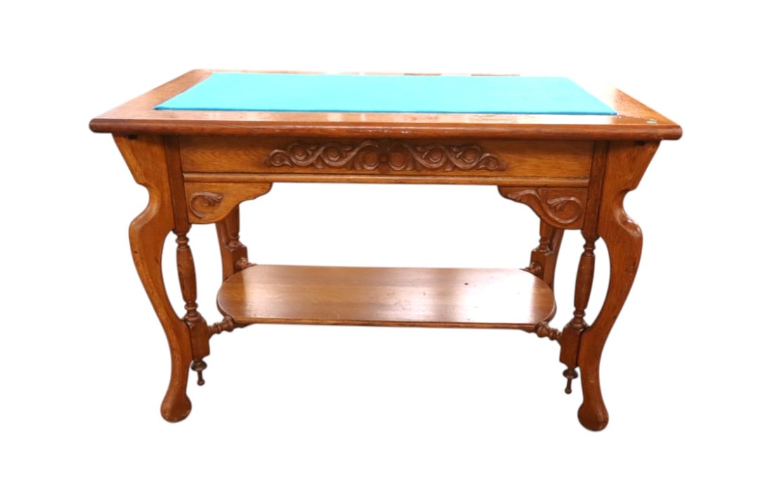 Antique carved oak felt top library table (1 of 7)