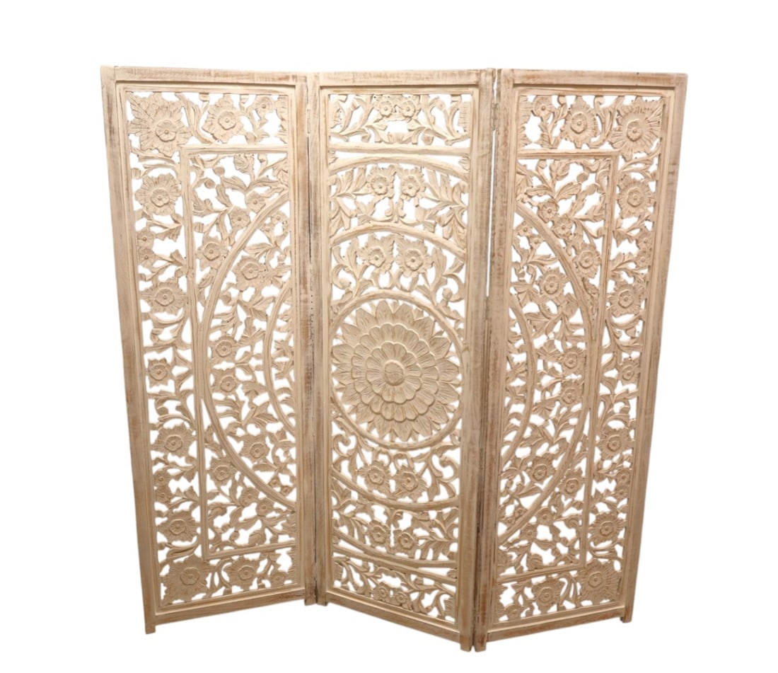 3 section hand carved room divider screen in white wash finish (1 of 5)