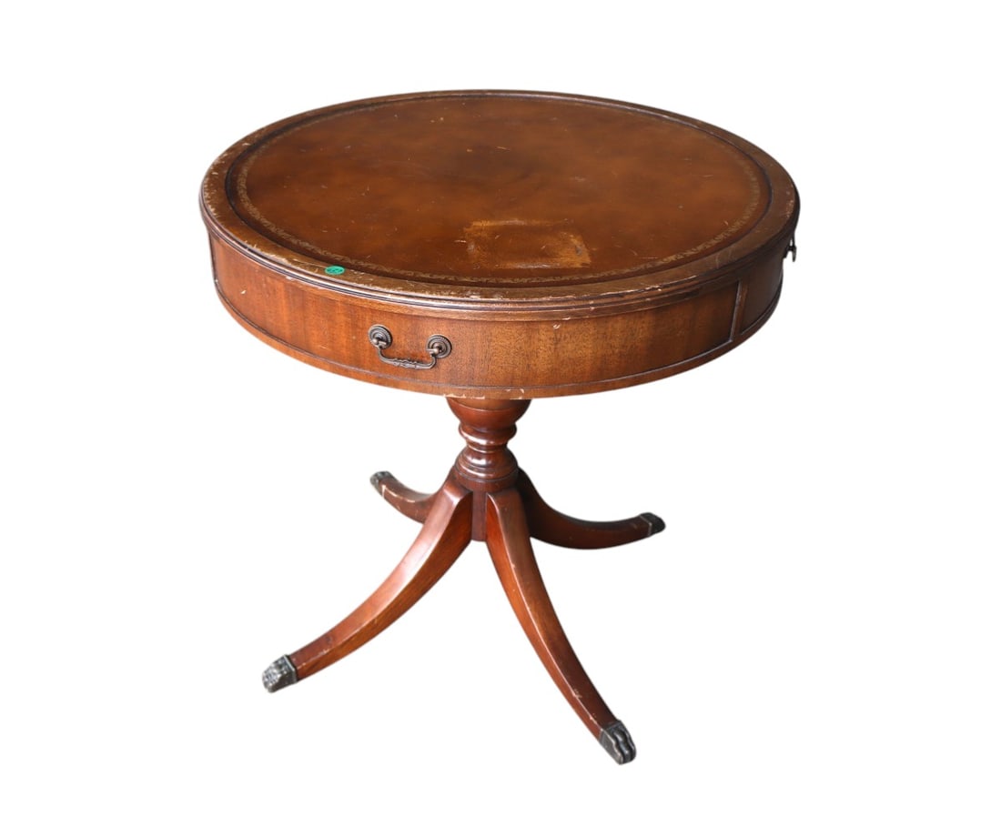 Vintage mahogany leather top drum table with drawer (1 of 6)