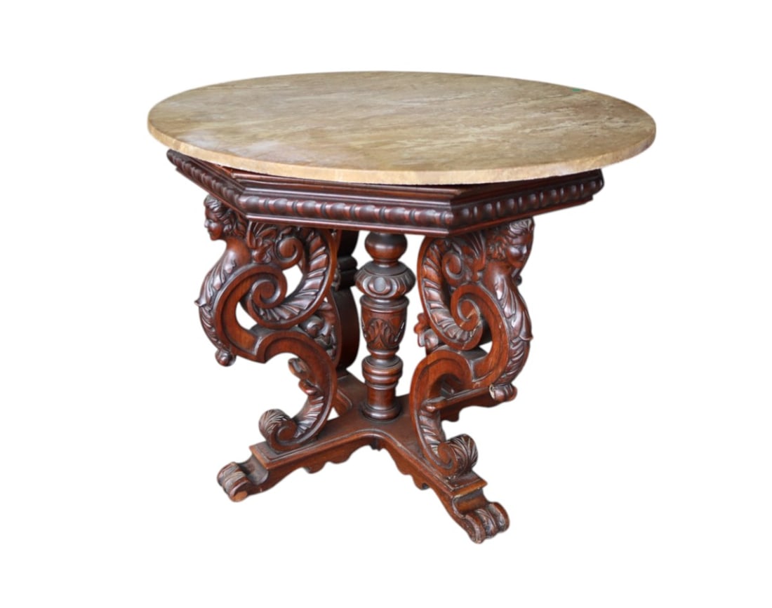 Antique figural carved 35" marble top center table in walnut (1 of 9)