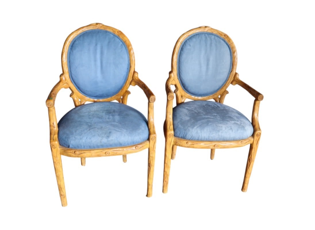 Pair of rustic tree branch style medallion back upholstered arm chairs (1 of 8)
