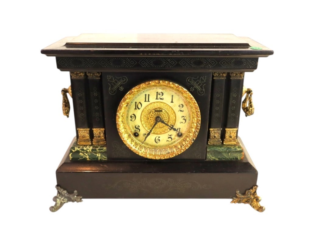 Antique Ingraham column panel clock in original wood black ebonized case with faux marble accents (1 of 6)