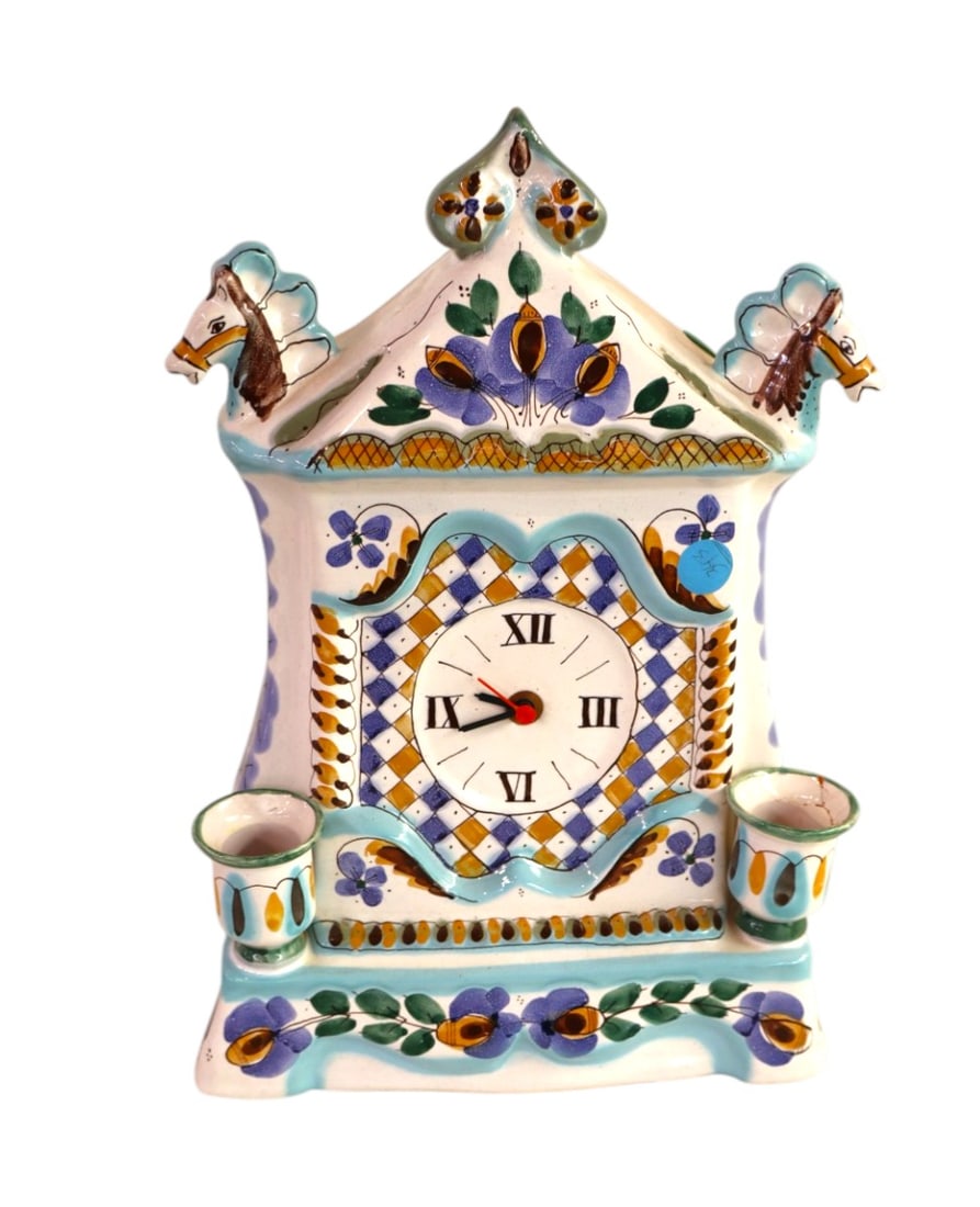 Russian terracotta glazed hand painted clock with candle stands (1 of 8)