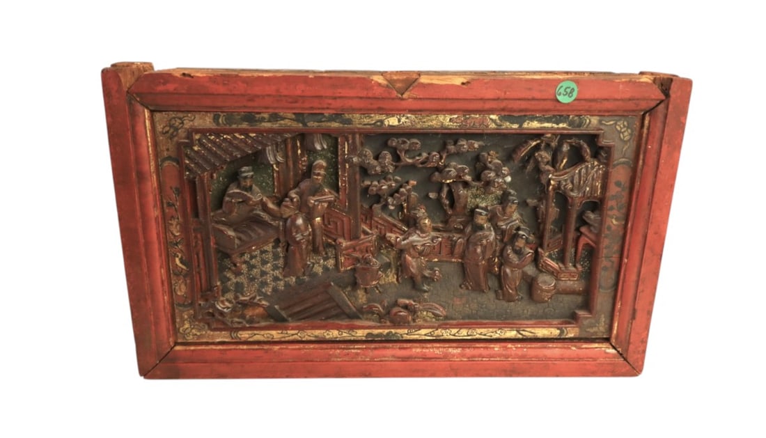 Antique Asian wood carved art, original red paint with gold accents (1 of 7)