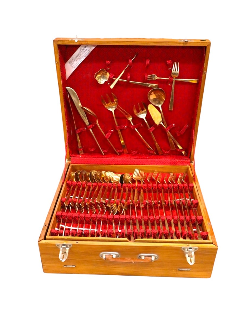 Sammy's Gems Factory 150 piece vintage gold flatware set in 2 layered teak original box (1 of 12)