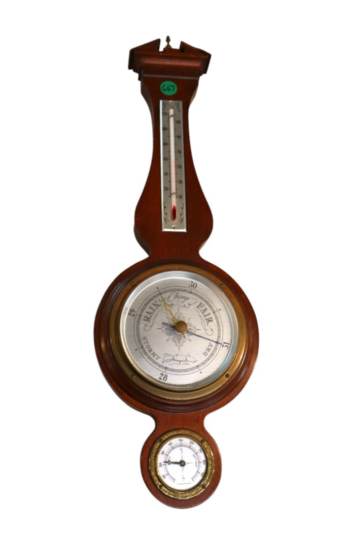 Vintage solid mahogany weather station, thermometer, barometer, hydrometer (1 of 4)