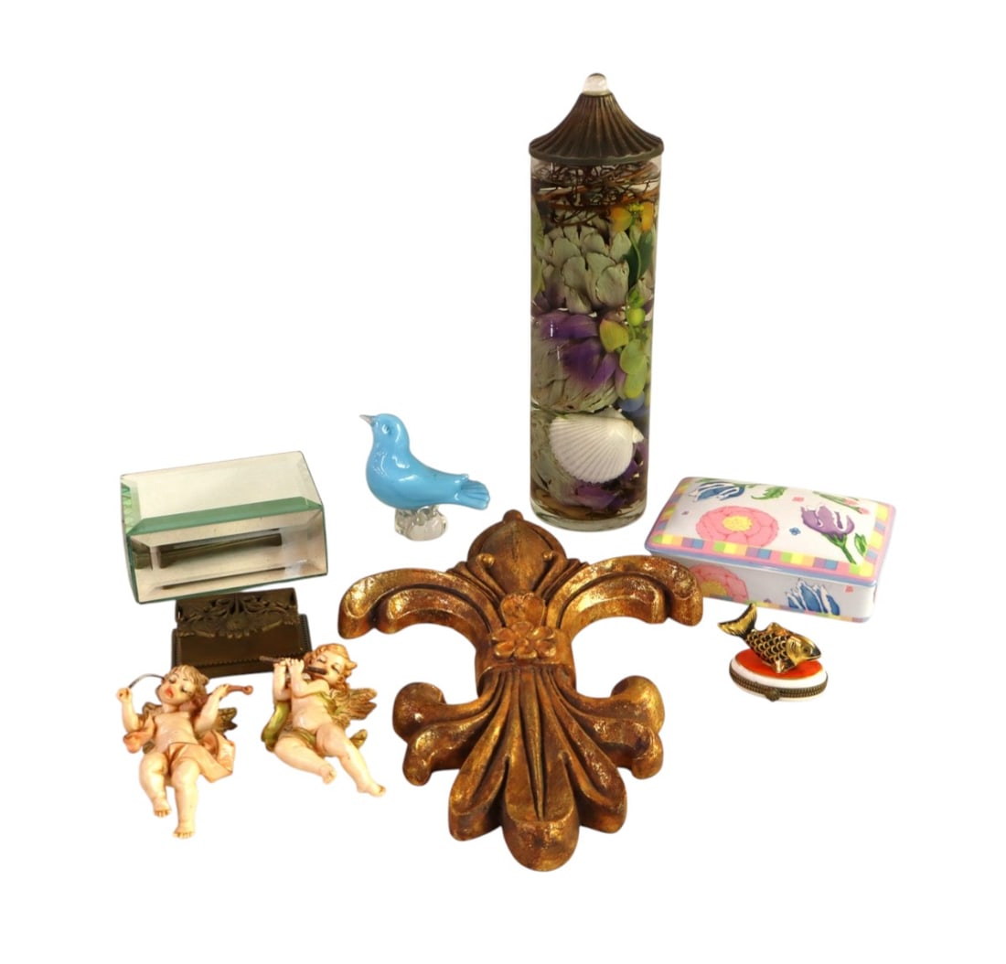 9 piece lot: 2 ring boxes, Italian decorative wall sconce, 2 cherubs, Murano hand glass bird, (1 of 9)