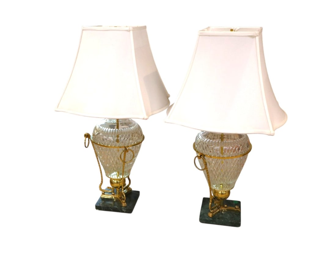 Beautiful pair of Waterford crystal marble base lamps with shades, brass wrapped (1 of 6)