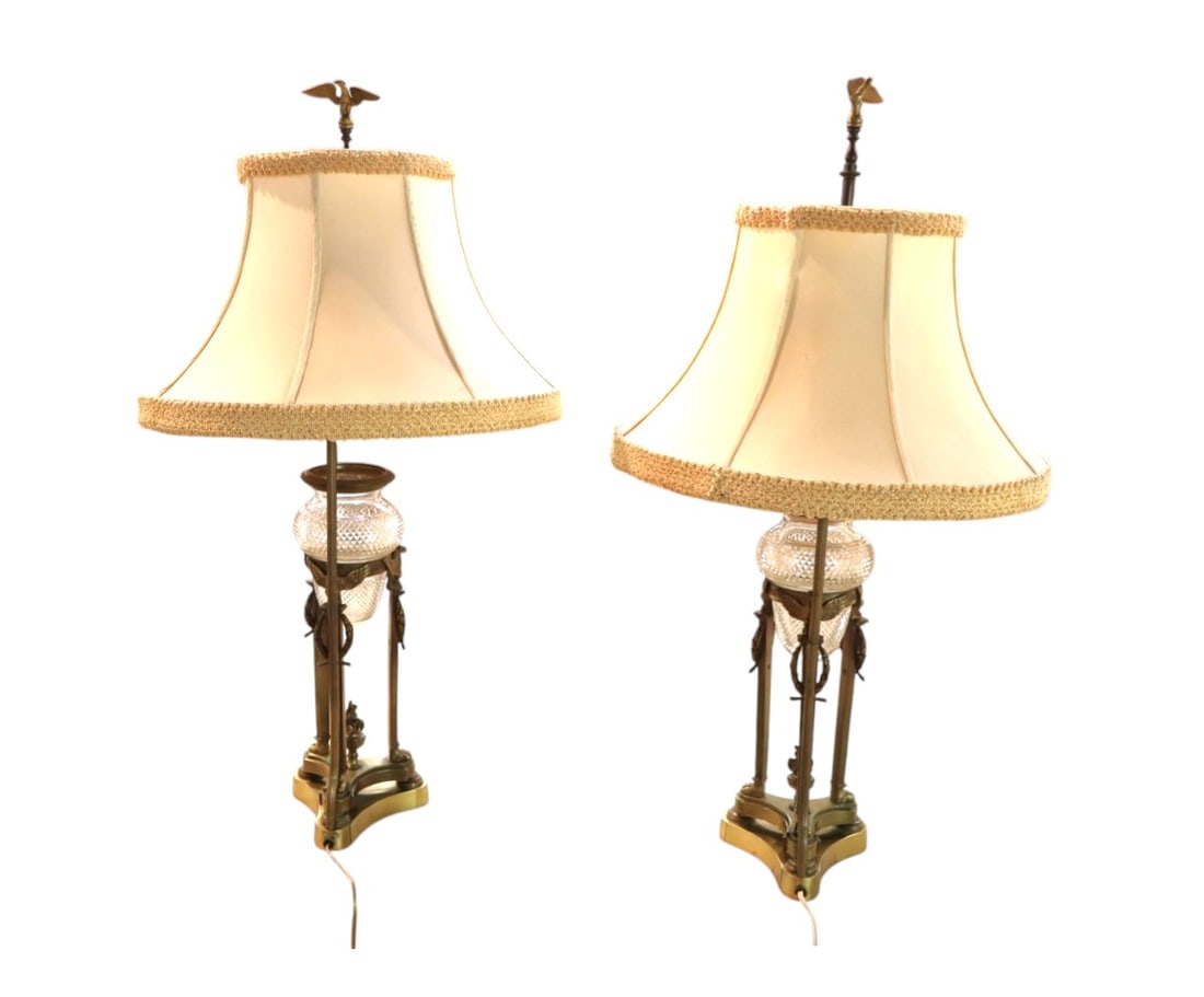 Pair of antique bronze eagle carved lamps with shades (1 of 5)