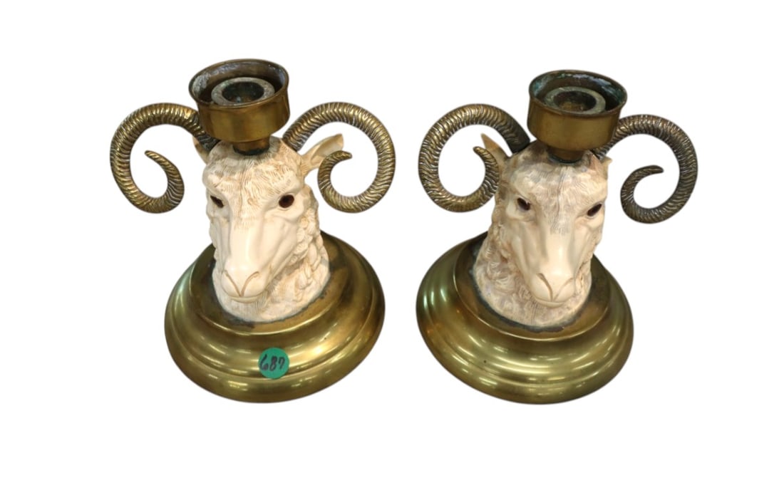 Pair of rams heads brass base candelabras (1 of 4)