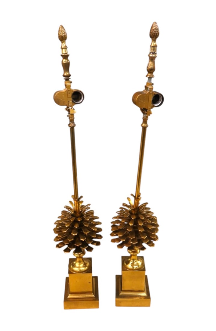 Mid century pair of brass pine cone lamps in manner of Maison Charles (1 of 4)