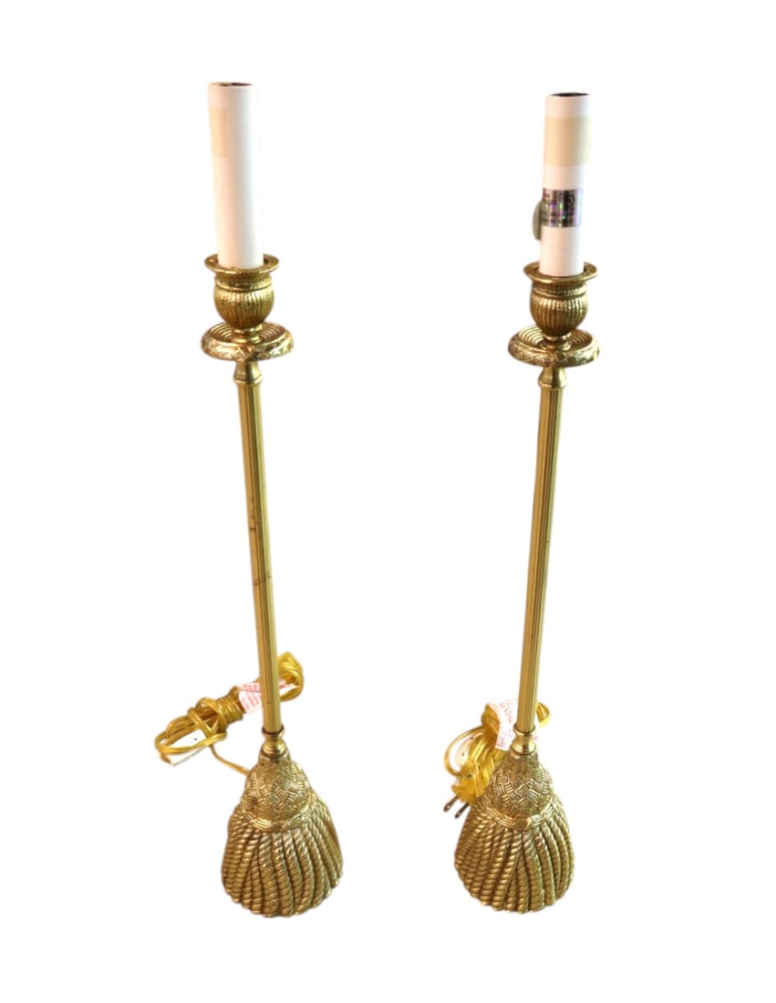 Pair of gold decorated tassel base candle stick lamps by Nassau Interiors # 16890 (1 of 3)