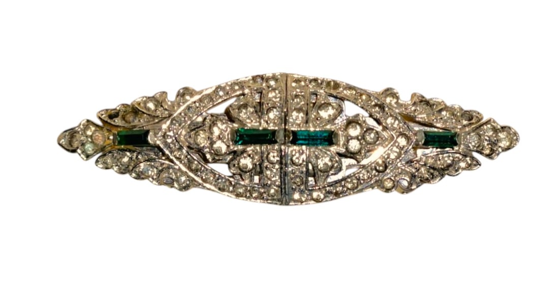Vintage Corocraft Duette Deco Brooch with emerald and diamond style stones: Vintage Corocraft Duette Deco Brooch with emerald and diamond style stones. 2.5"l x .75"w