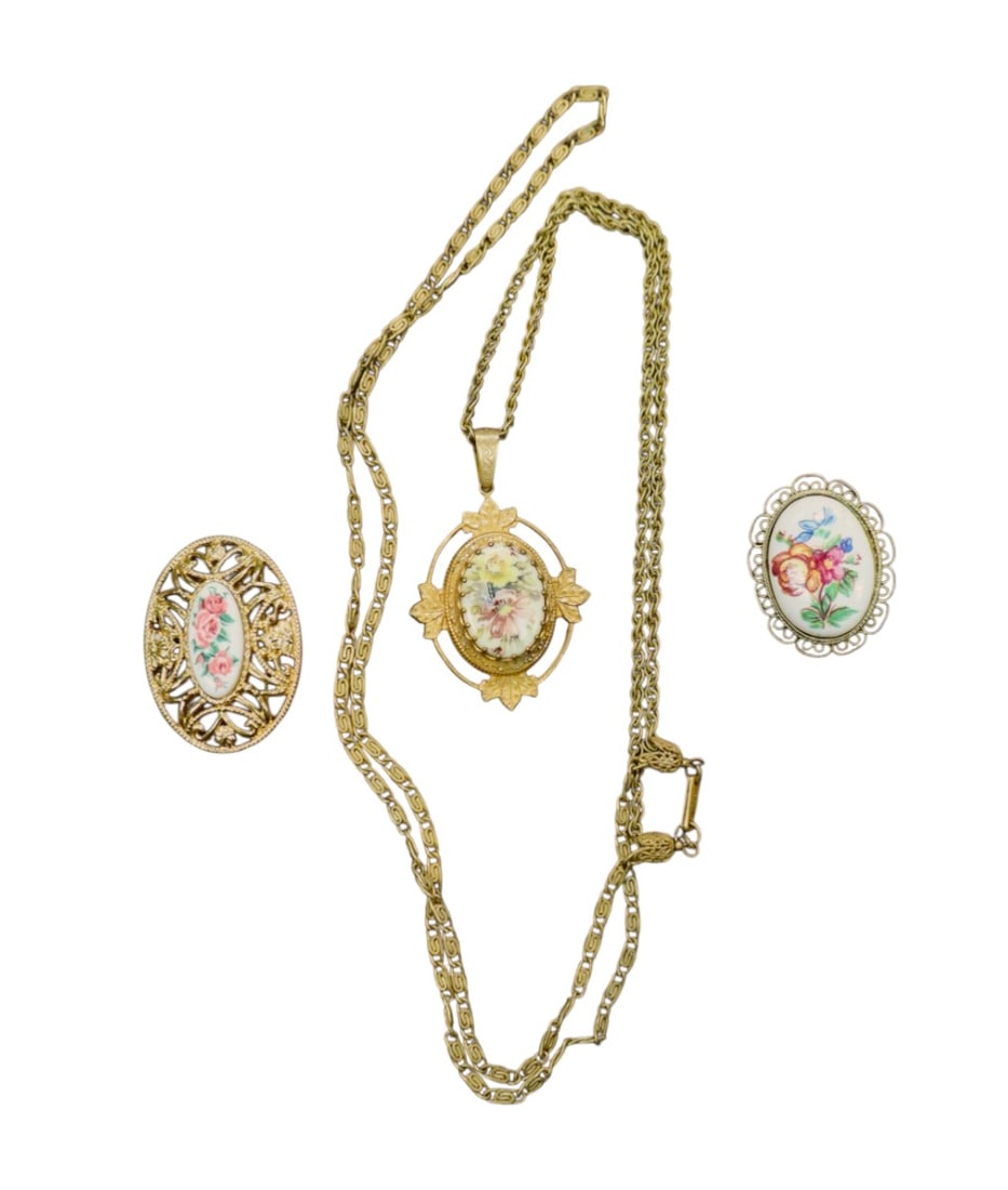 3 vtg porcelain face paint decorated medallion pendant and brooches sg Miriam Haskell (1 of 3)