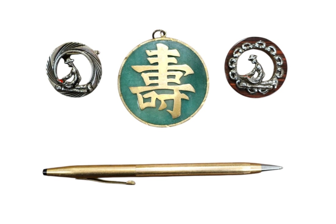 4 piece lot: Chinese dragon pendant and 2 brooches and working Cross gold filled pen. (1 of 3)