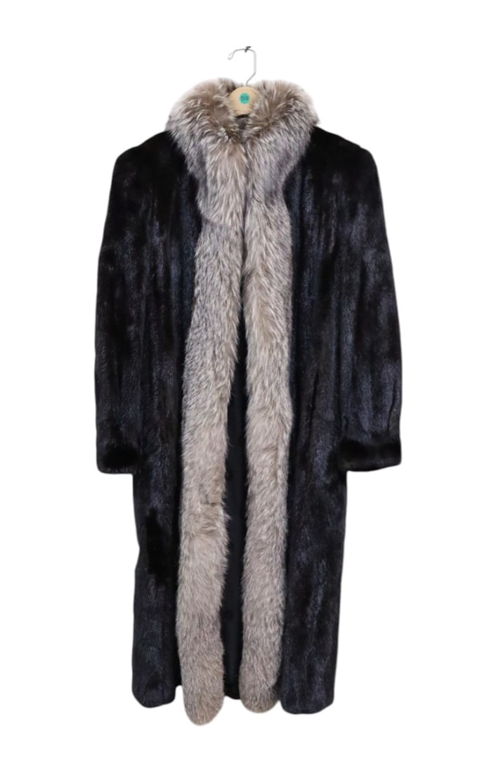 Beautiful long mink fur coat with silver fox trim, Flemington Furs, NJ. (1 of 6)