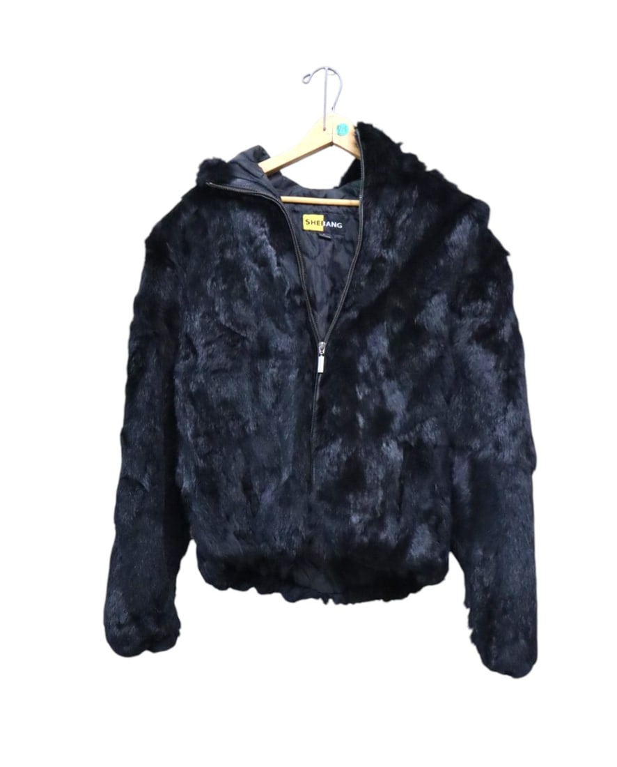 Nice SHEBANG retro short rabbit fur coat with hood: Nice SHEBANG retro short rabbit fur coat with hood. 22" shoulder to shoulder 16" sleeve 23" (tag says Large)