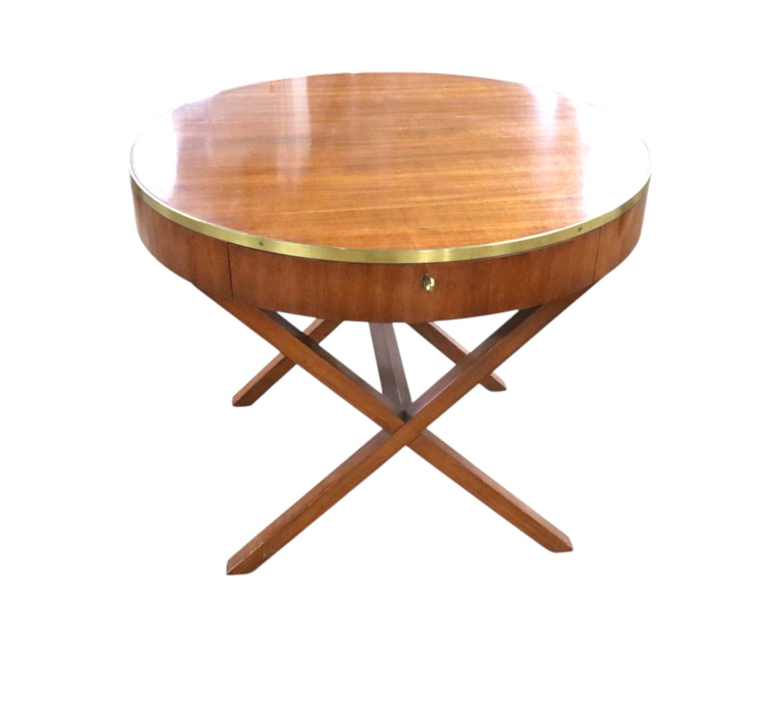Nice vintage Ralph Lauren director center table: Nice vintage Ralph Lauren director one drawer center table in the mahogany with bronze wrap trim. 29.5"h x 36" diameter