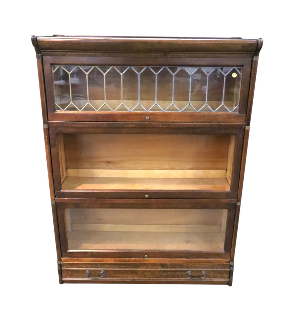Antique 3 stack barrister bookcase with lead glass and drawer (1 of 6)