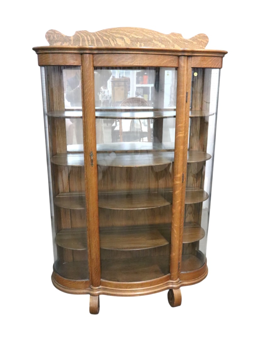 Antique oak curved glass mirror back china cabinet (1 of 5)