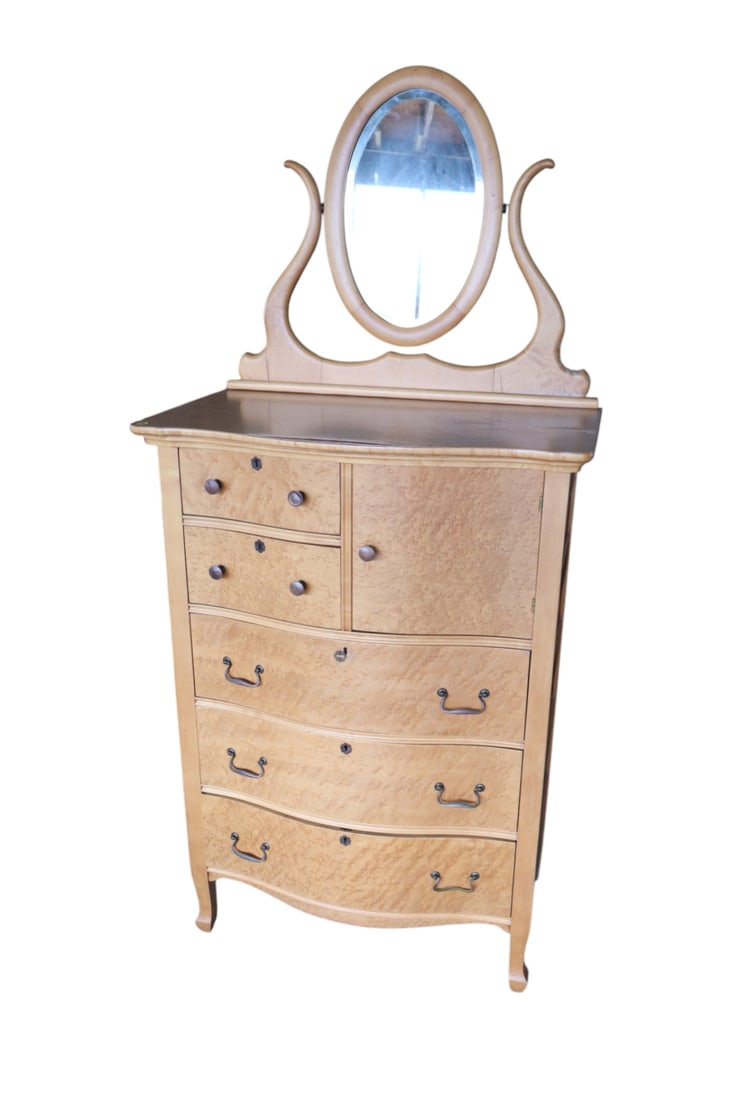 Antique birdseye maple panel bonnet top high chest (1 of 6)