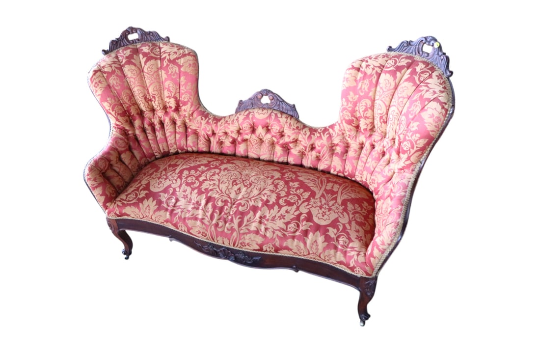 Antique Victorian button tuft settee, rosewood and walnut (1 of 8)