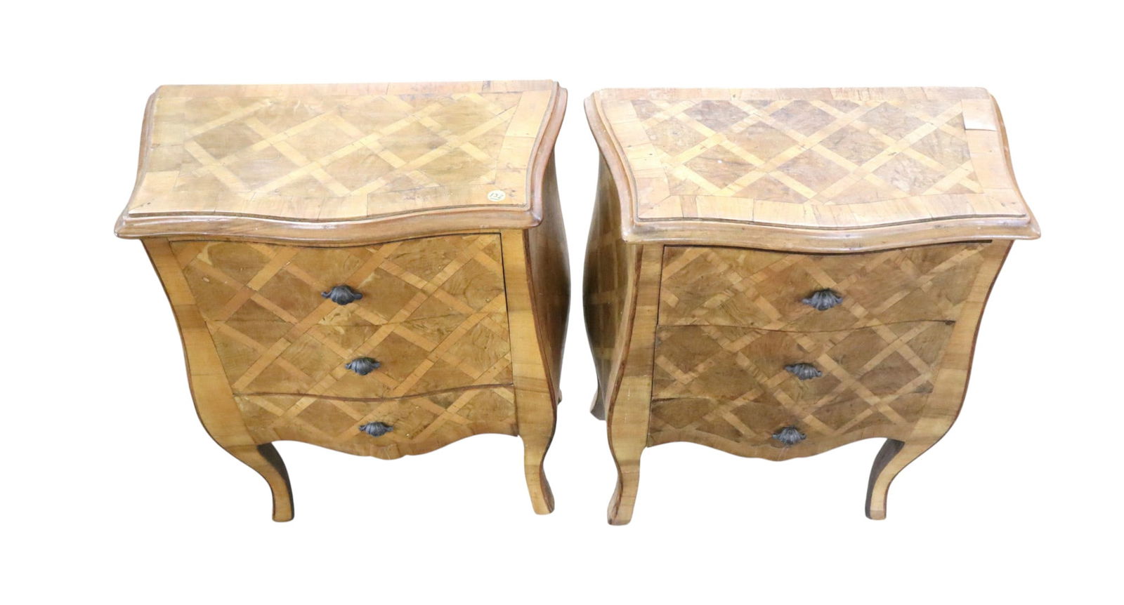 Nice pair antique Italian marquetry bombay nightstands: Pair of antique Italian marquetry 3 drawer bombay style nightstands structurally sound in good condition for age they do show age on finish. Each 25.5"h x 21.5"w x 11.5"d