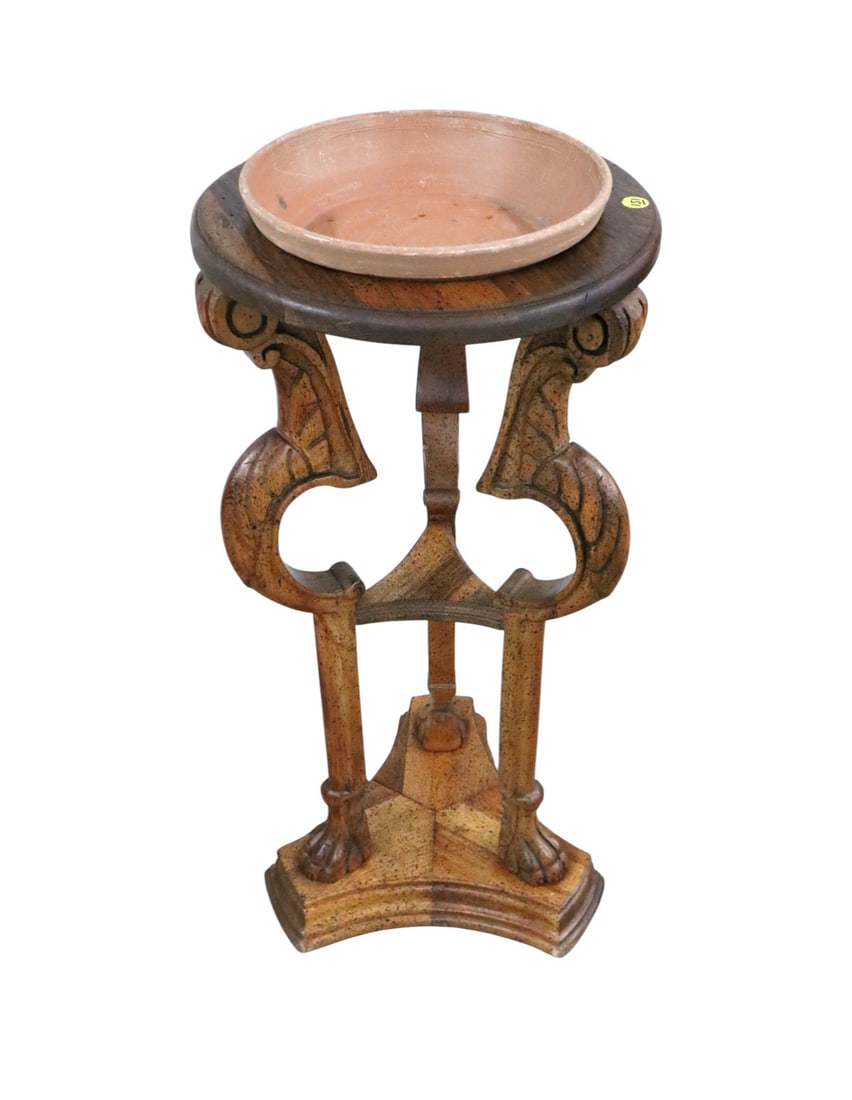 Spanish carved round pedestal plant stand: Spanish carved round pedestal plant stand in walnut pecan finish with plastic terracotta style pot structurally sound and in good condition. 32"h x 14" diameter
