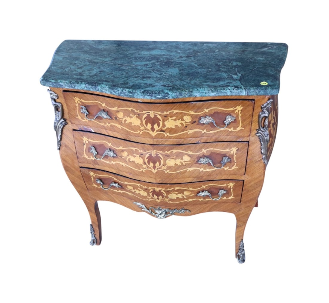 French marble top 3 drawer chest w/applied bronze: French marble top 3 drawer chest with applied bronze, original finish, structurally sound with some age cracks on sides marble looks good, marble removeable for transport. 31.5"h x 32.5"w x 16"d