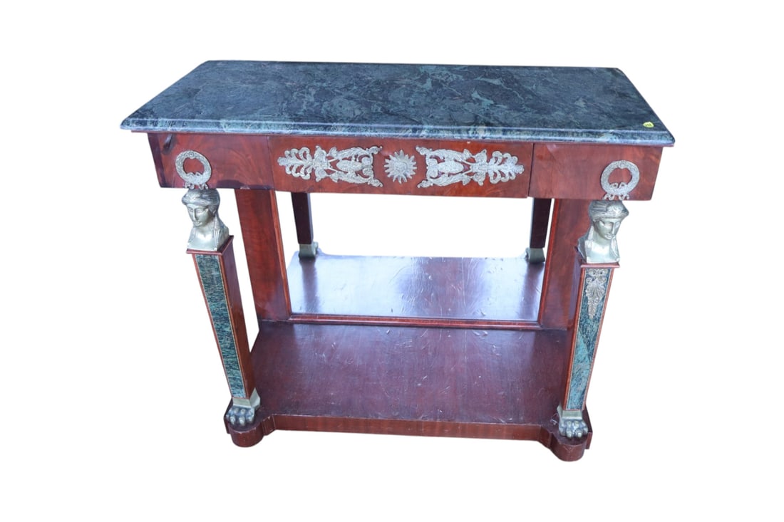French style MT pier console w/bronze & marble column: French style marble top pier console in the mahogany with bronze and marble column figure front, one drawer, some veneer loss and finish issues, structurally sound, marble removes for transport.