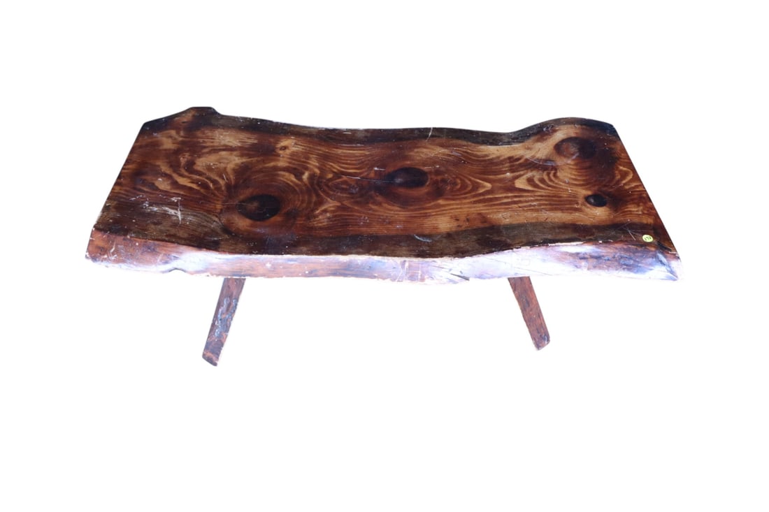 Vintage free edge pine coffee table, original finish: Vintage free edge pine coffee table, original finish, structurally sound and in good condition with wear around edges. 16"h x 47"l x 21"w