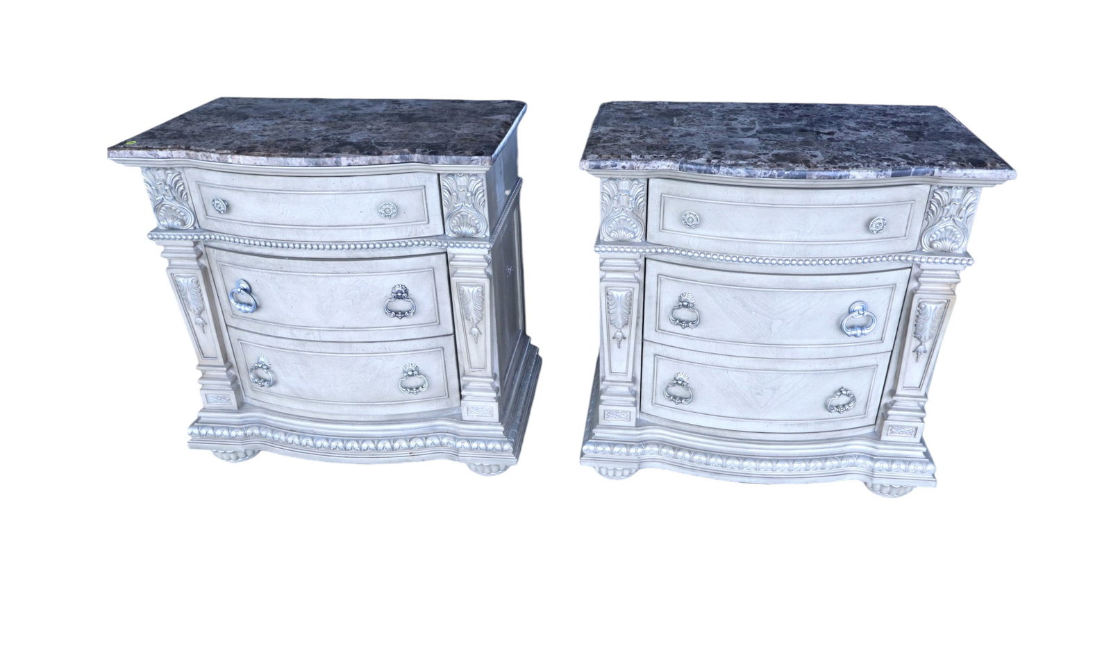 Pair contemporary carved & cultured marble top nightstands: Pair of contemporary carved and cultured marble top 3 drawer nightstands, original finish, structurally sound. Each 32"h x 31.5"w x 19"d