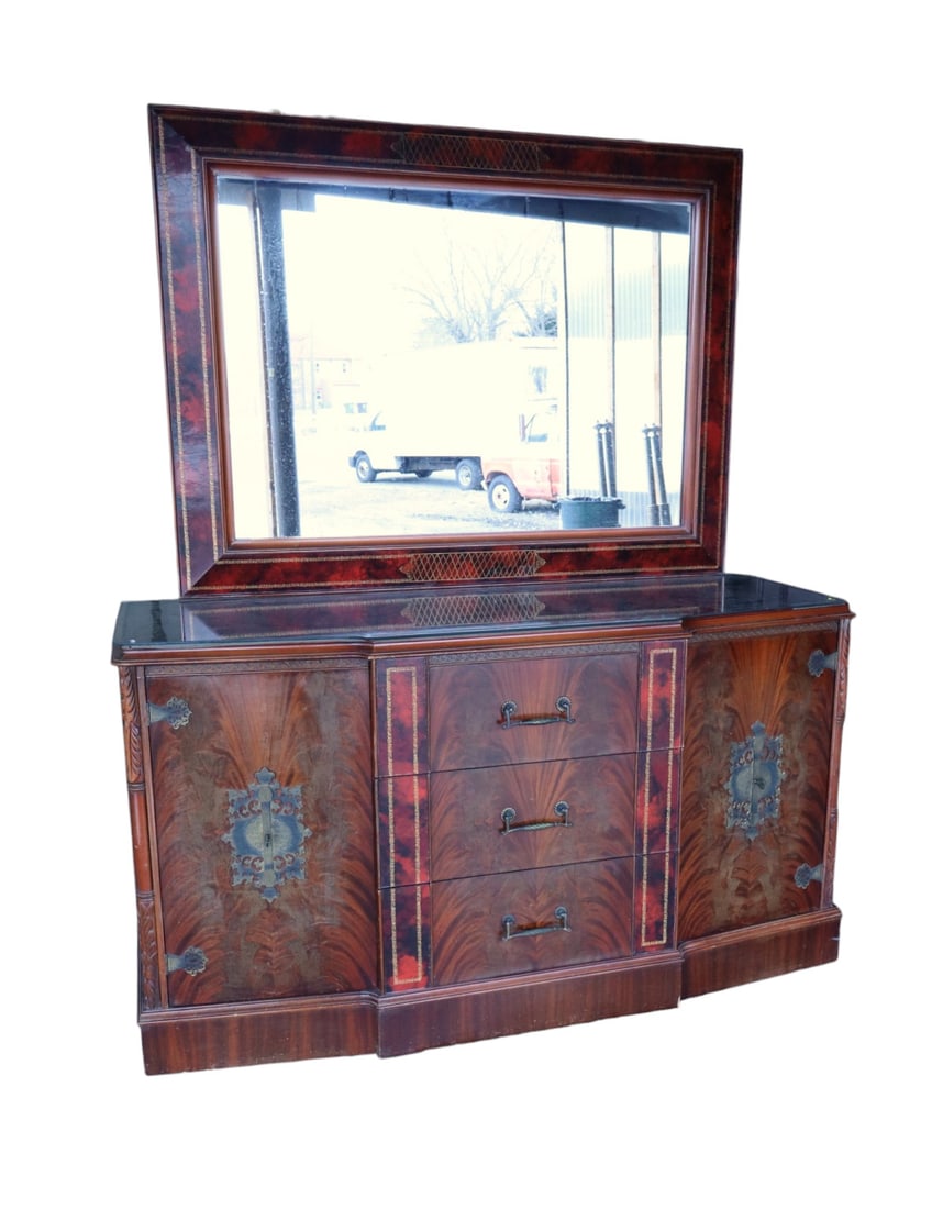 VTG burl mahogany 2pc Chinese Chippendale dresser: Vintage burl mahogany 2 piece Chinese Chippendale style dresser with leather accents and custom glass top (glass is not removeable), original finish, finish shows wear, structurally sound. Dresser
