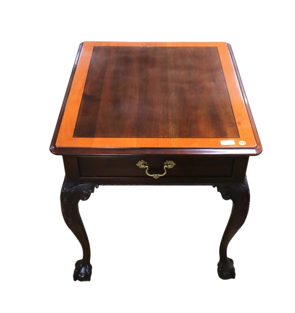 Beautiful Stickley ball and claw banded lamp table: Beautiful Stickley Furniture one drawer ball and claw banded lamp table, original finish, structurally sound and in good condition. 24.5"h x 23.5"w x 27"d